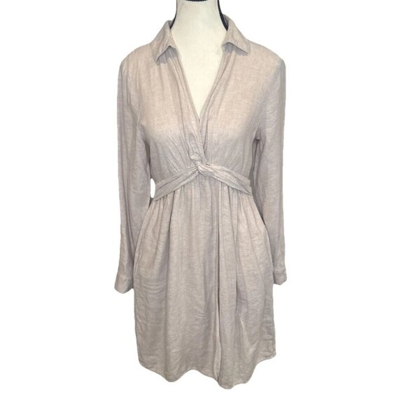 Joie Beige Long Sleeve Knot Front Linen Blend Collared Dress Sz S Travel Coastal - Picture 1 of 11